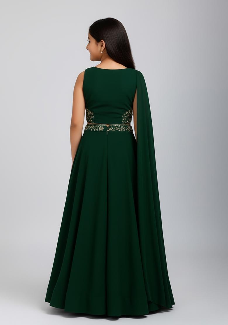 Girls Green Embroidered Georgette Lehenga Set - Indya
