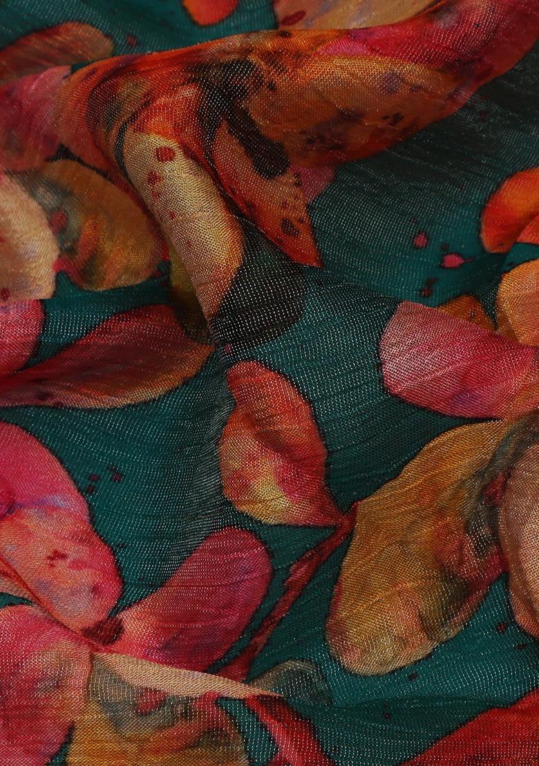 Girls Green Floral Print Chinon Lehenga Set - Indya