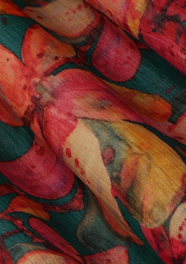 Girls Green Floral Print Chinon Lehenga Set - Indya