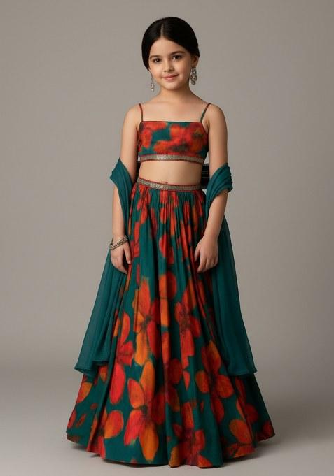 Girls Green Floral Print Chinon Lehenga Set