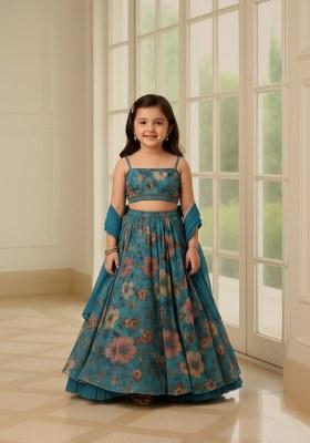 Girls Blue Floral Print Chinon Lehenga Set