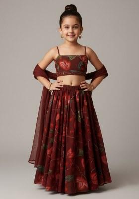 Girls Brown Floral Print Chinon Lehenga Set