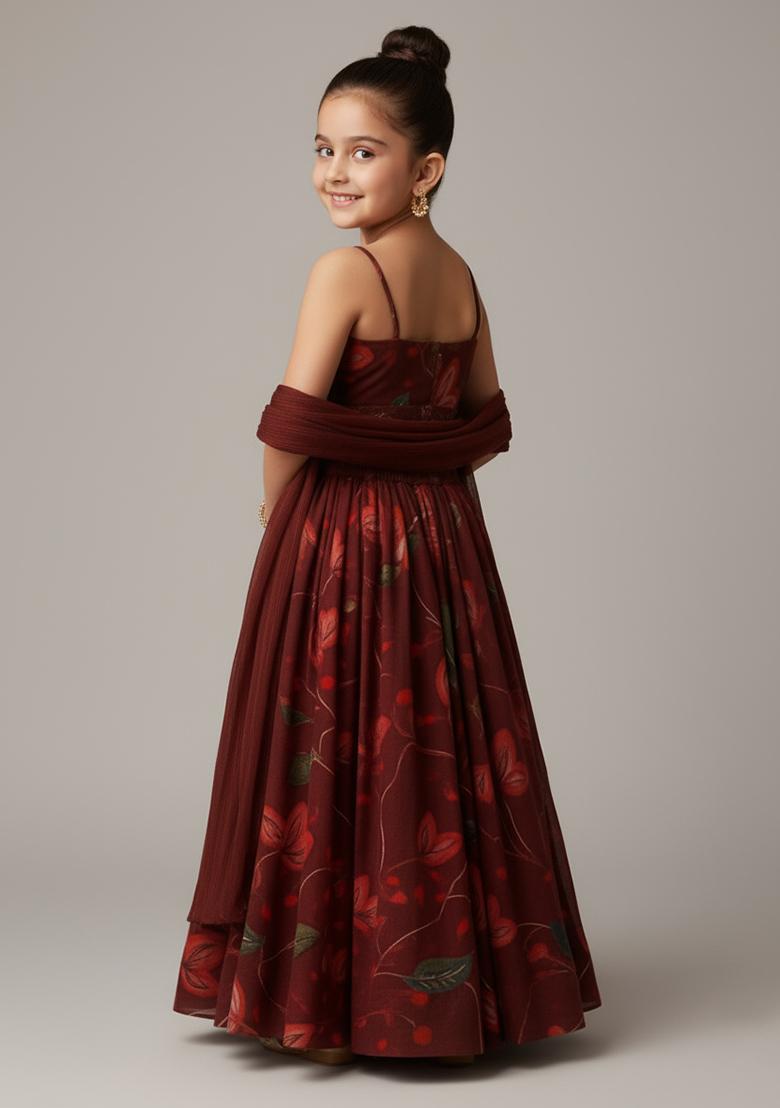 Girls Brown Floral Print Chinon Lehenga Set - Indya