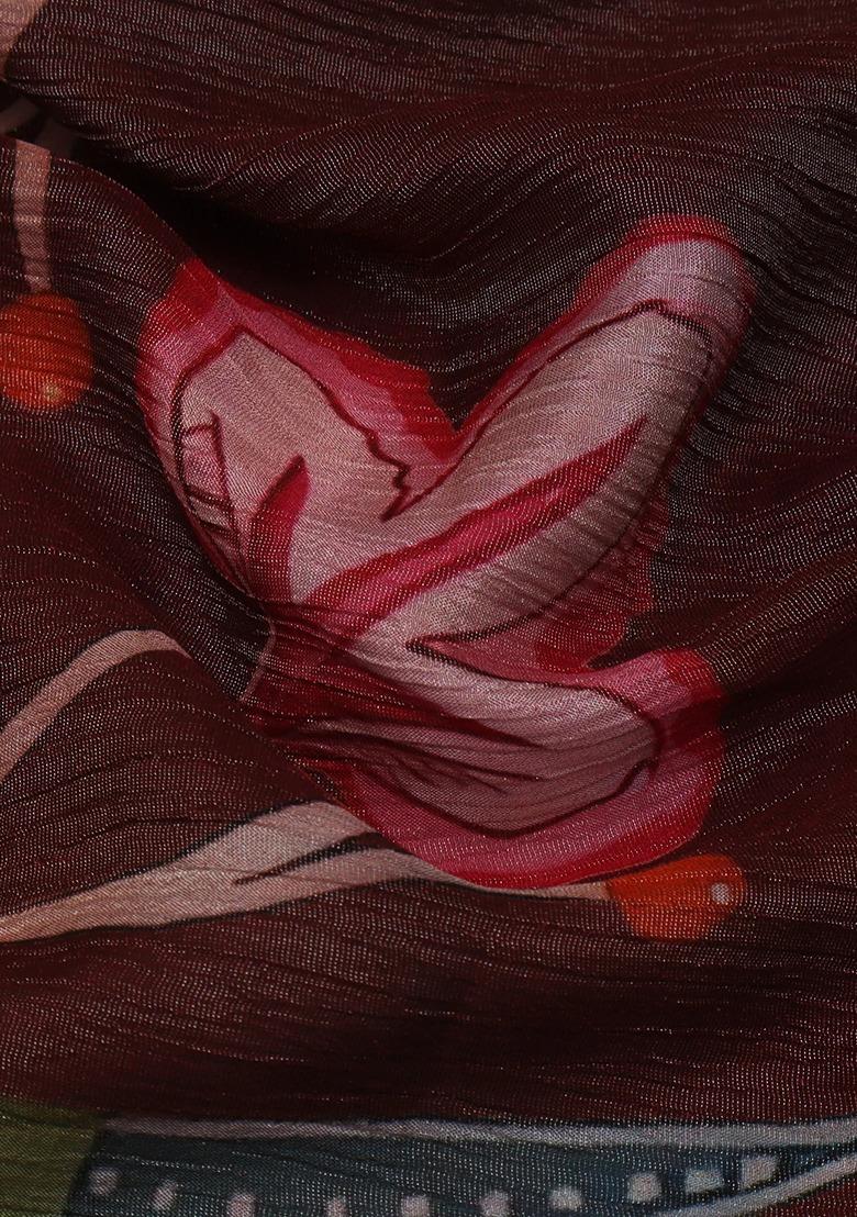 Girls Brown Floral Print Chinon Lehenga Set - Indya