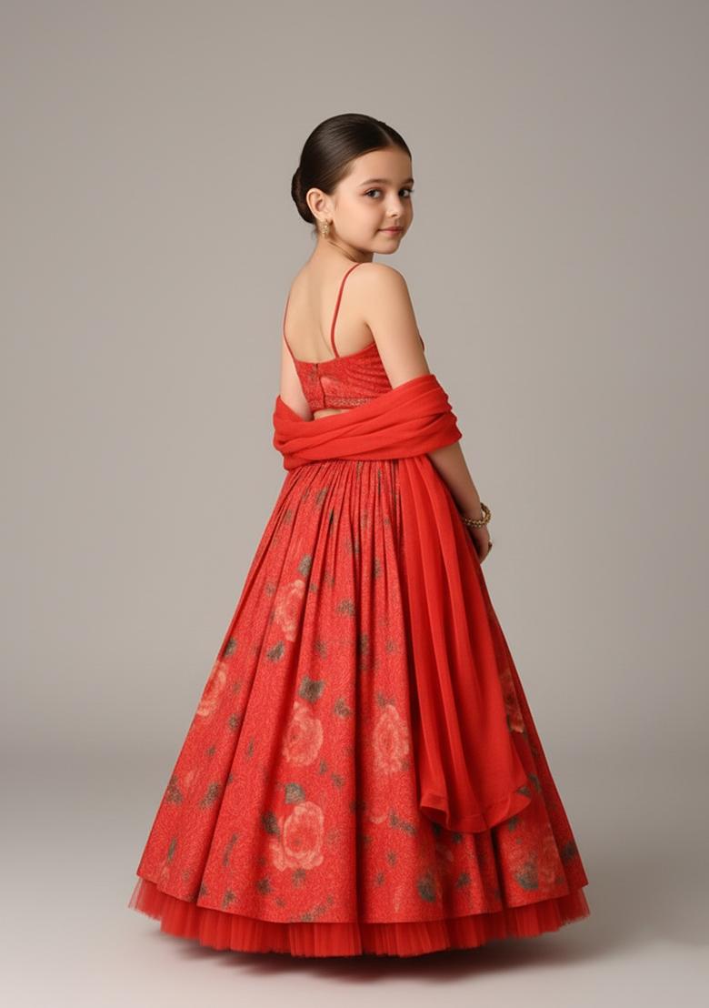 Girls Red Floral Print Chinon Lehenga Set - Indya