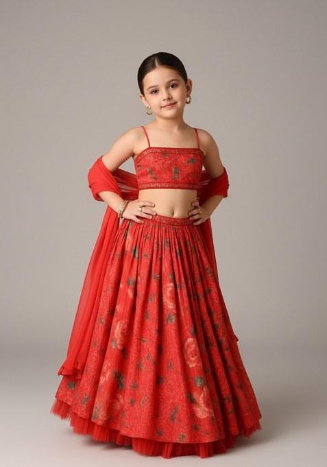 Girls Red Floral Print Chinon Lehenga Set