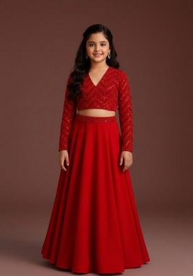 Girls Red Embroidered Georgette Lehenga Set