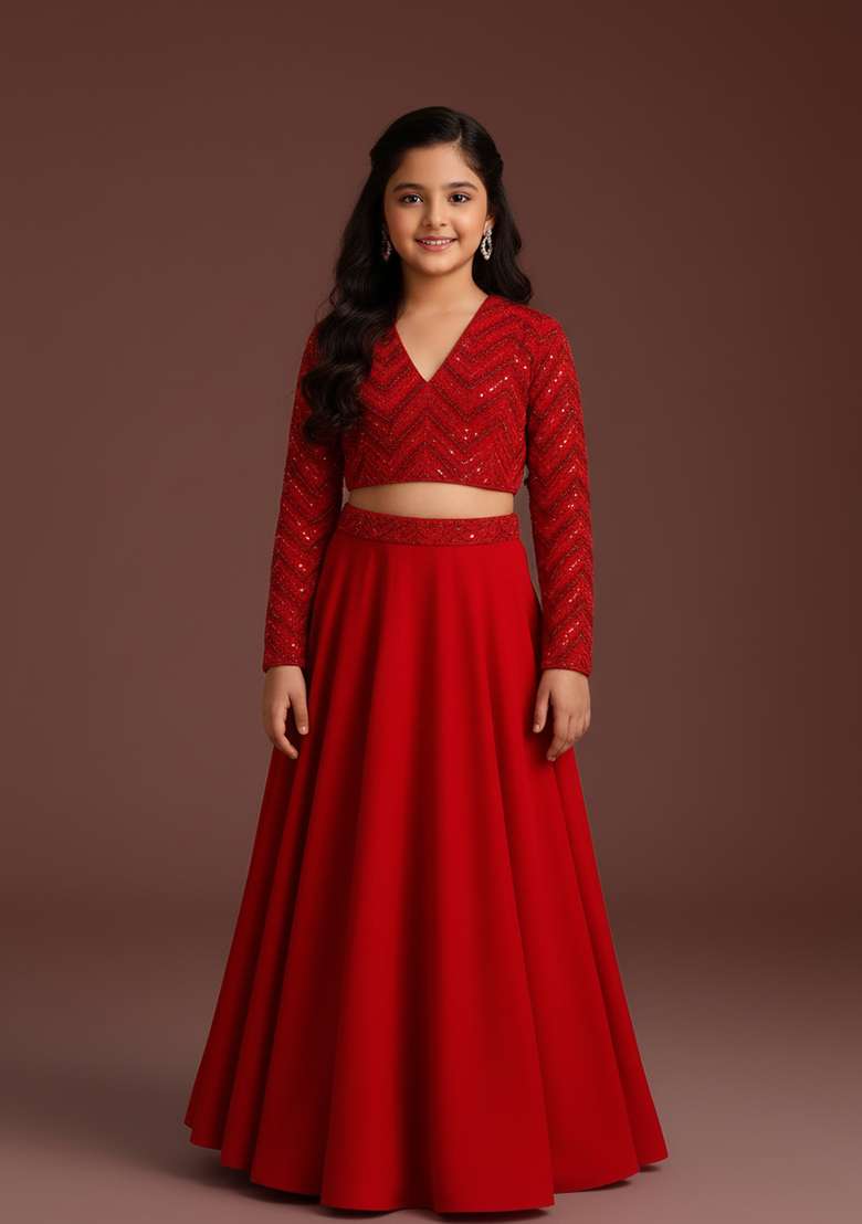 Girls Red Embroidered Georgette Lehenga Set - Indya