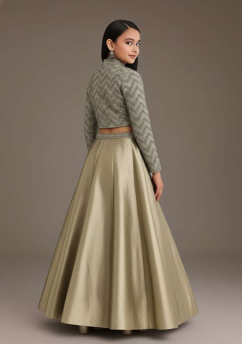 Girls Grey Embroidered Georgette Lehenga Set - Indya