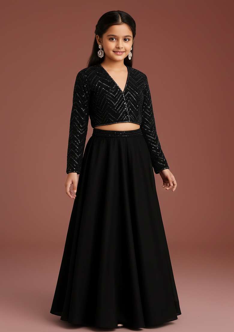 Girls Black Embroidered Georgette Lehenga Set - Indya
