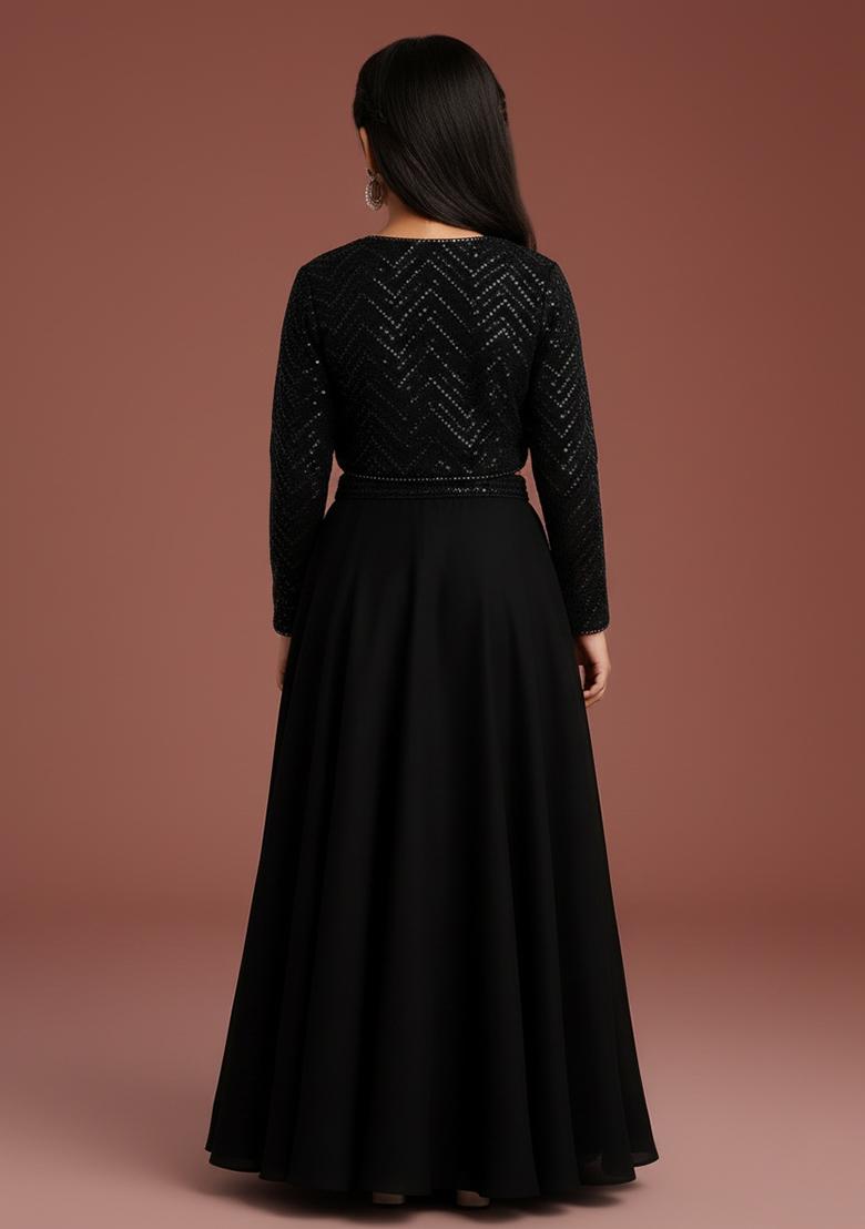 Girls Black Embroidered Georgette Lehenga Set - Indya
