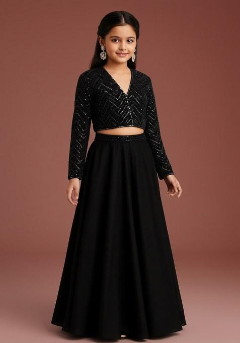 Girls Black Embroidered Georgette Lehenga Set