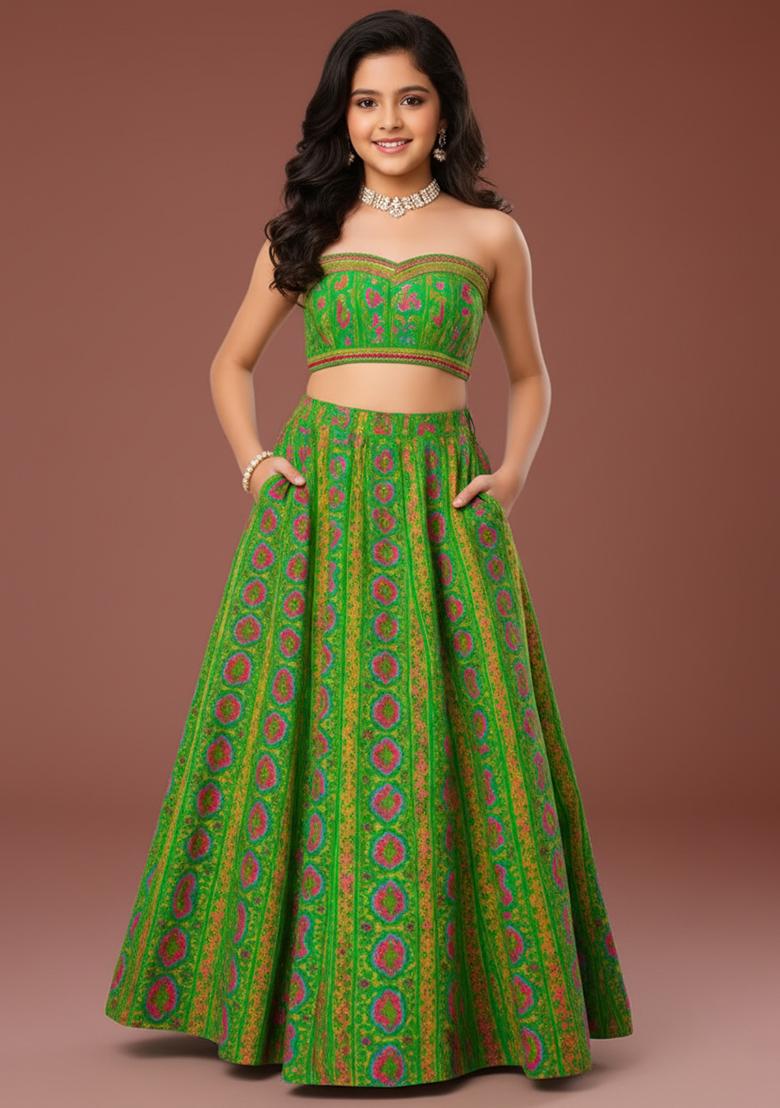 Girls Green Floral Print Georgette Lehenga Set