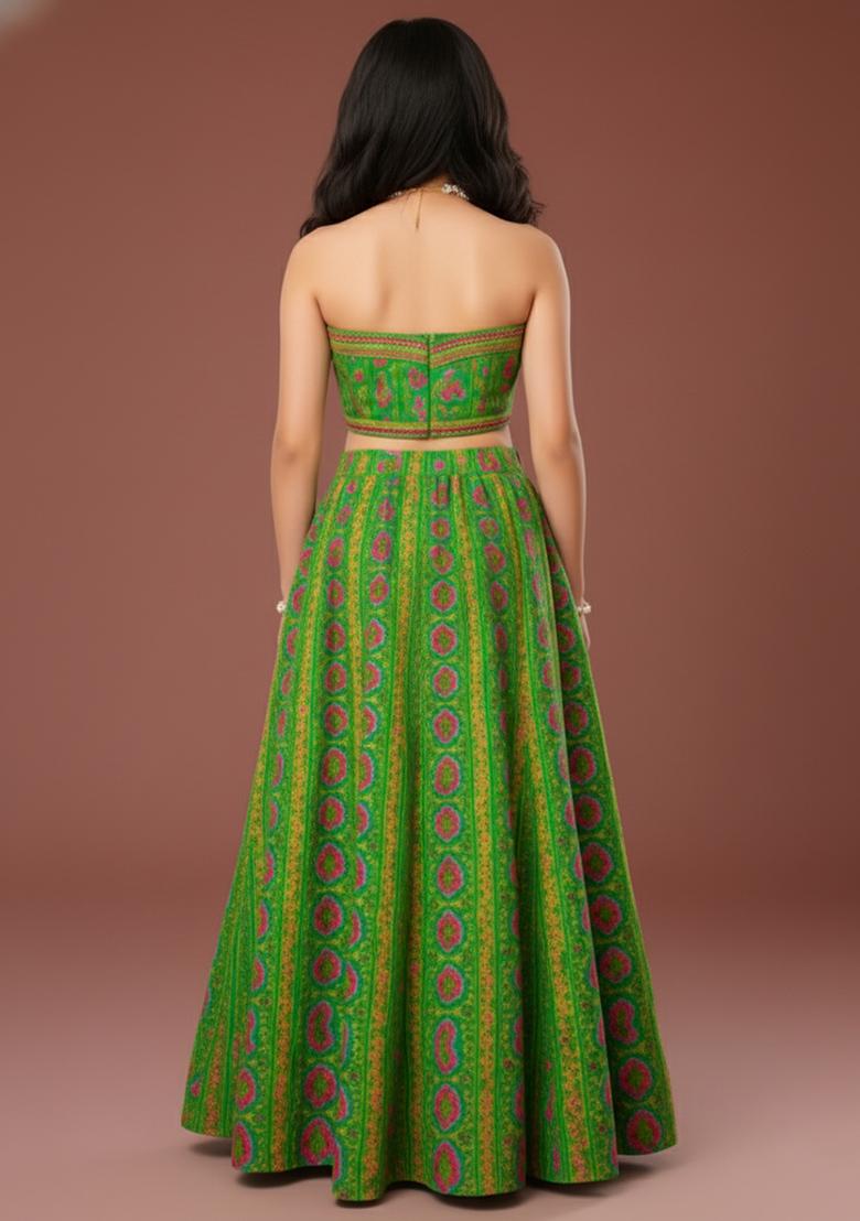 Girls Green Floral Print Georgette Lehenga Set - Indya