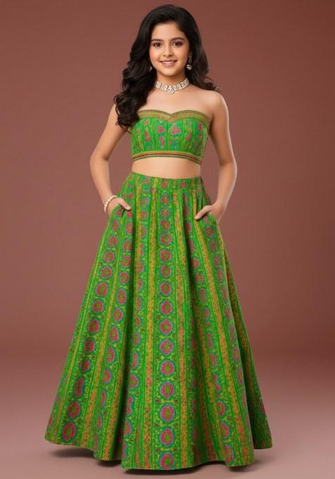 Girls Green Floral Print Georgette Lehenga Set