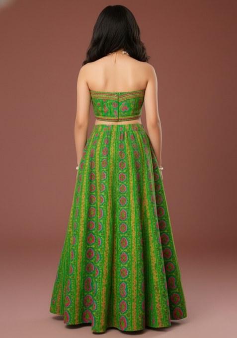 Girls Green Floral Print Georgette Lehenga Set