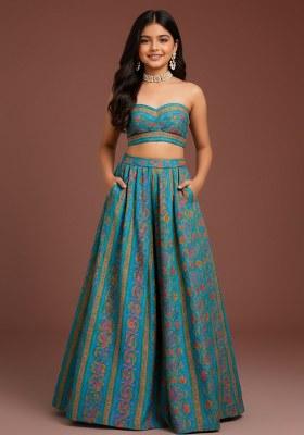 Girls Blue Floral Print Georgette Lehenga Set