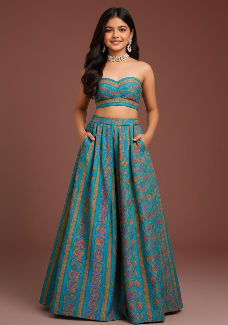 Girls Blue Floral Print Georgette Lehenga Set - Indya