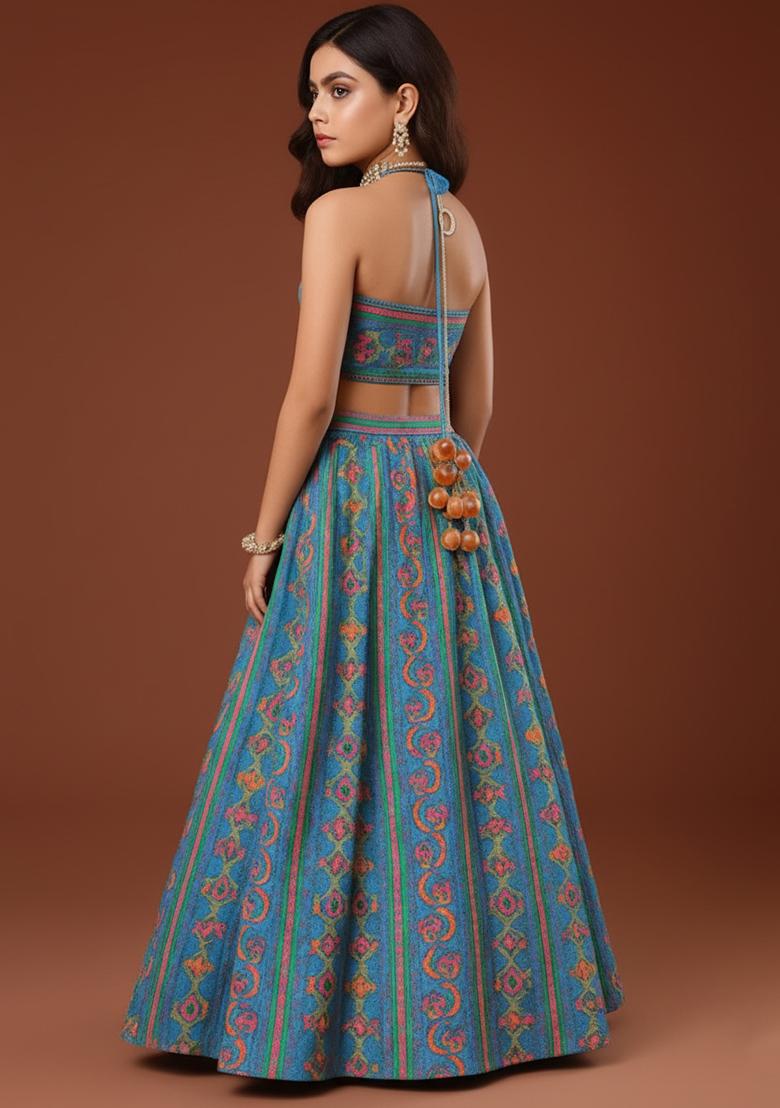 Girls Blue Floral Print Georgette Lehenga Set - Indya