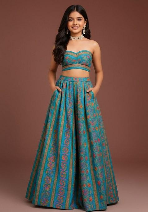 Girls Blue Floral Print Georgette Lehenga Set