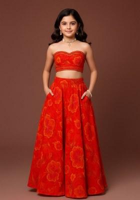 Girls Orange Floral Print Georgette Lehenga Set