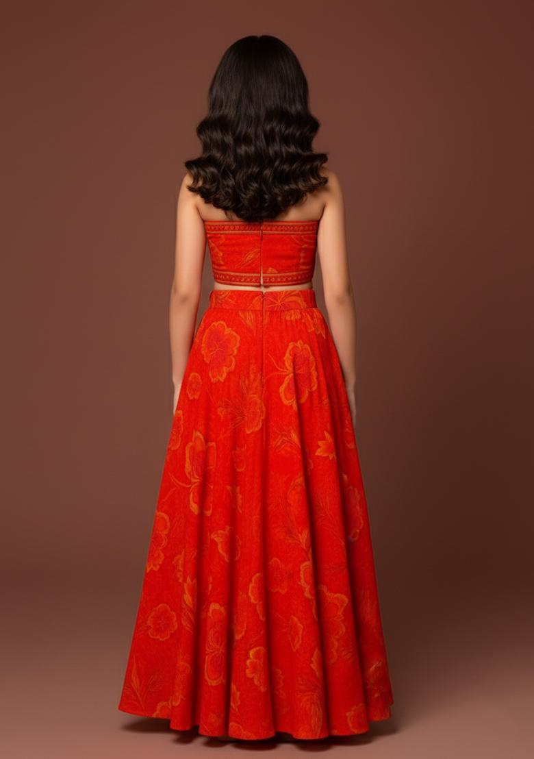 Girls Orange Floral Print Georgette Lehenga Set - Indya