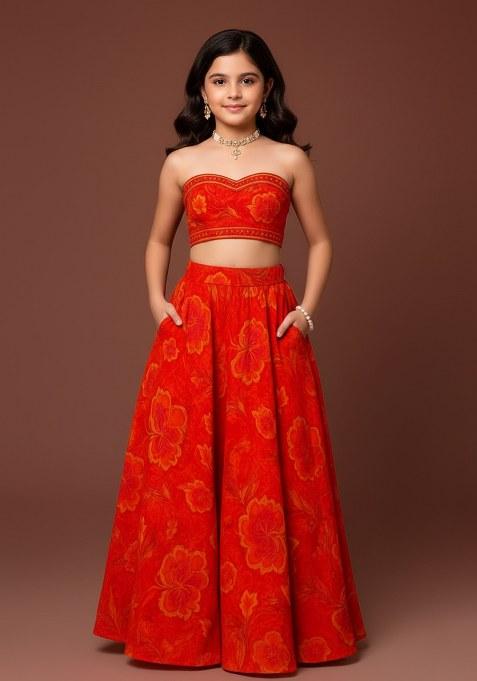 Girls Orange Floral Print Georgette Lehenga Set
