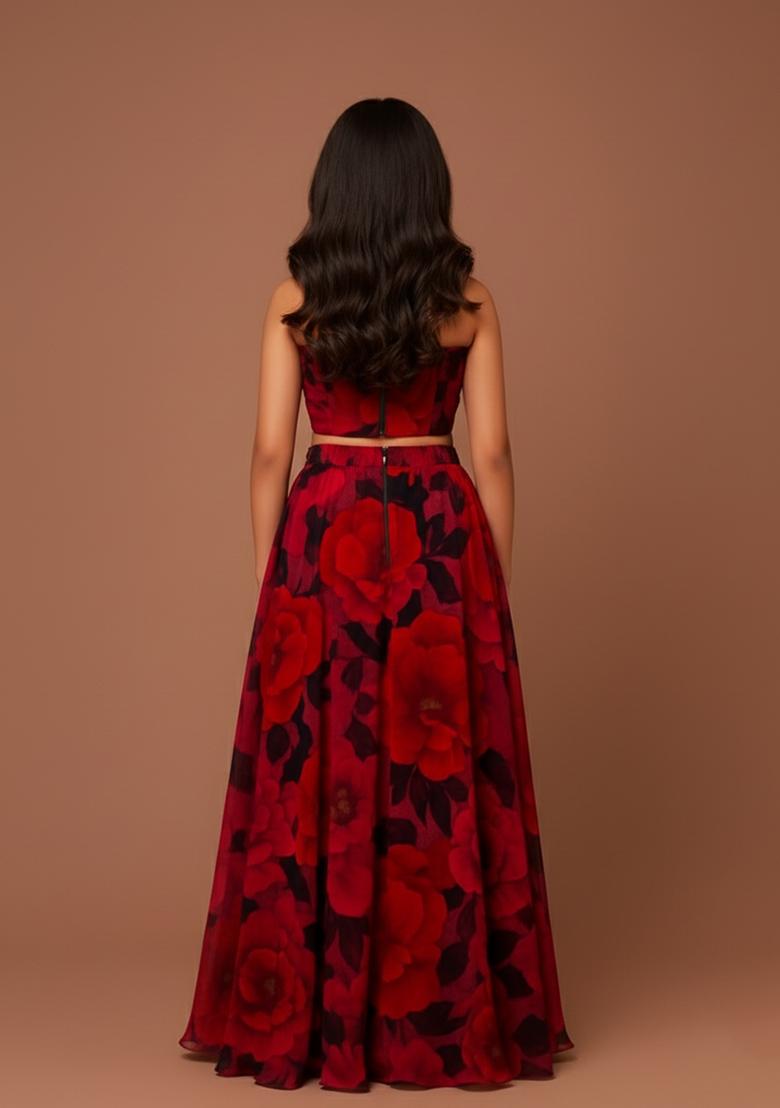 Girls Pink Floral Print Silk Lehenga Set - Indya