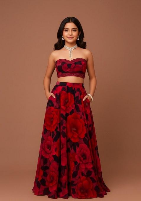 Girls Pink Floral Print Silk Lehenga Set