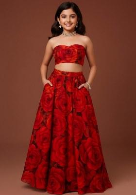 Girls Red Floral Print Silk Lehenga Set
