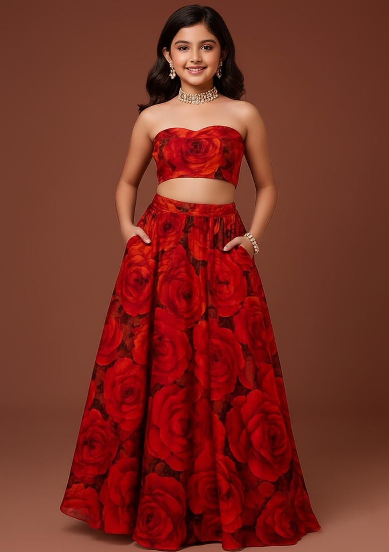 Girls Red Floral Print Silk Lehenga Set