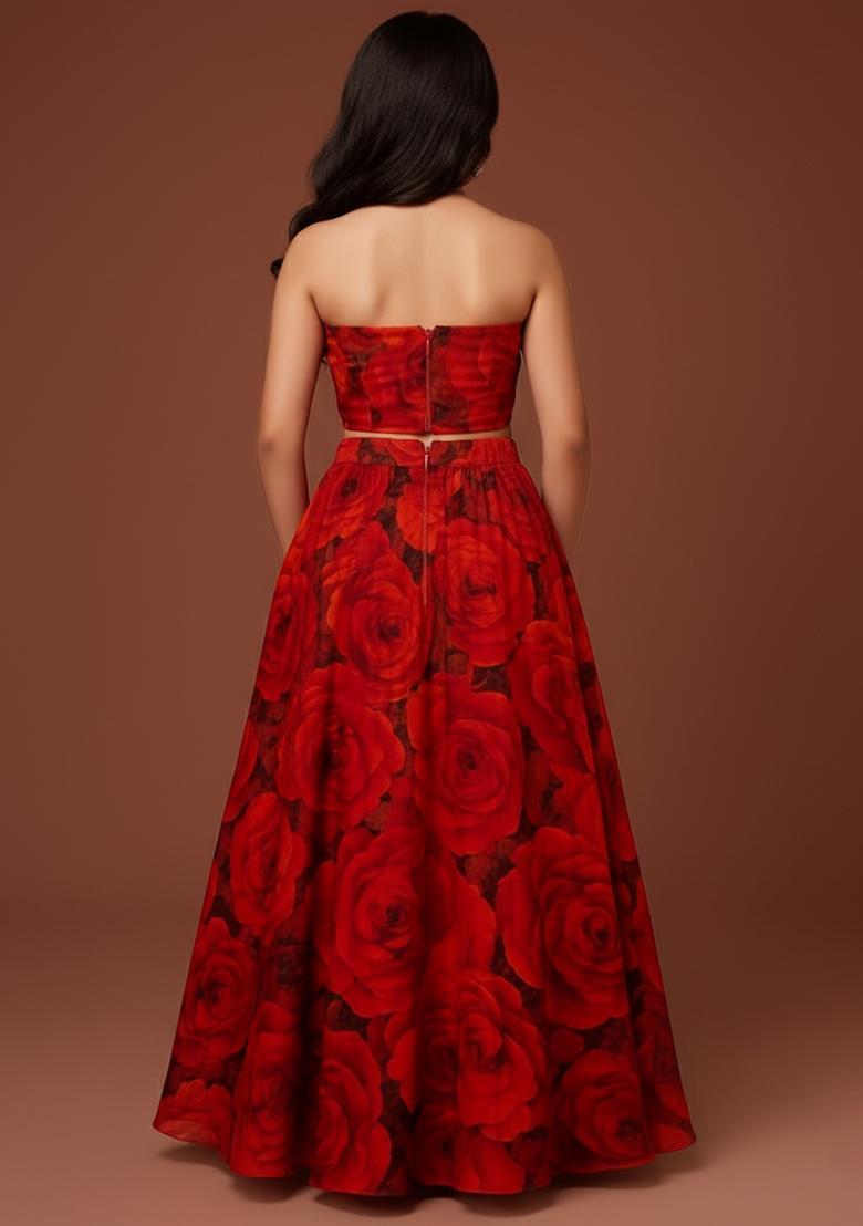 Girls Red Floral Print Silk Lehenga Set - Indya