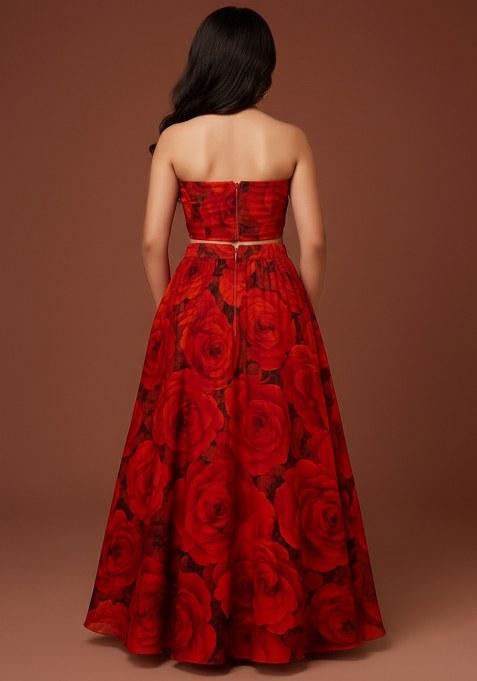 Girls Red Floral Print Silk Lehenga Set