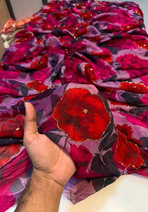 Girls Red Floral Print Silk Lehenga Set