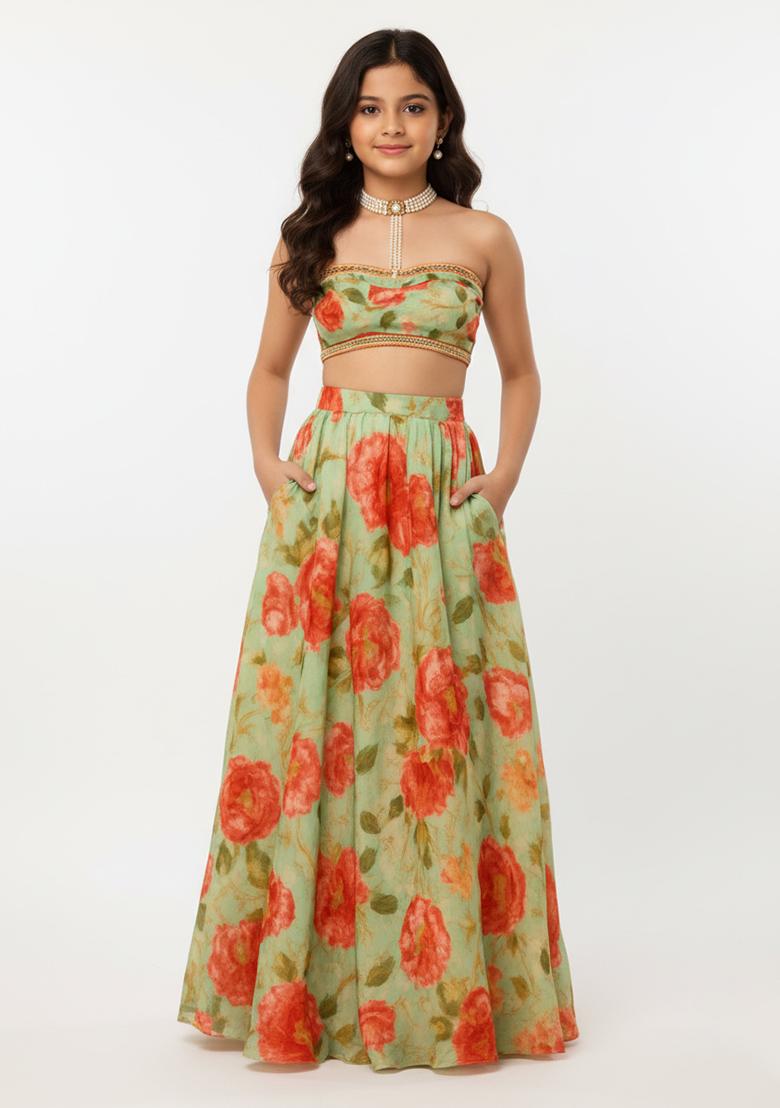 Girls Pista Green Floral Print Silk Lehenga Set
