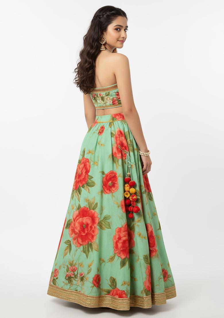 Girls Pista Green Floral Print Silk Lehenga Set - Indya
