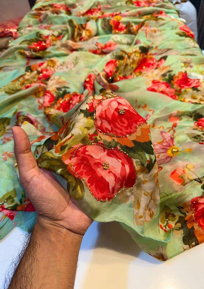 Girls Pista Green Floral Print Silk Lehenga Set