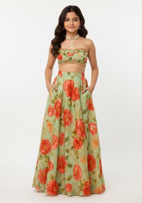 Girls Pista Green Floral Print Silk Lehenga Set
