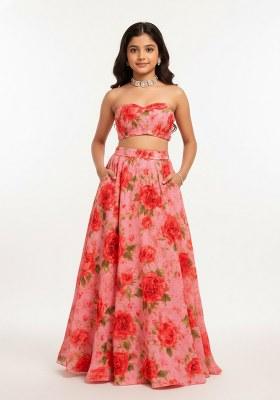 Girls Pink Floral Print Silk Lehenga Set