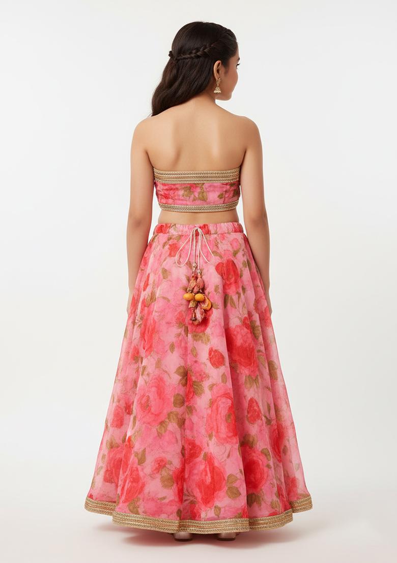 Girls Pink Floral Print Silk Lehenga Set - Indya