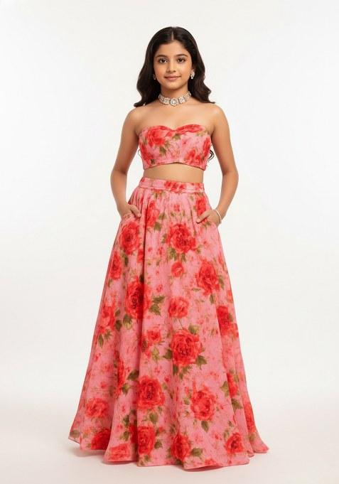 Girls Pink Floral Print Silk Lehenga Set