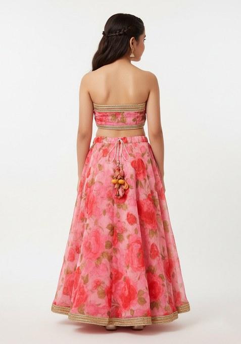 Girls Pink Floral Print Silk Lehenga Set
