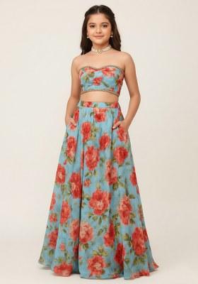 Girls Blue Floral Print Silk Lehenga Set