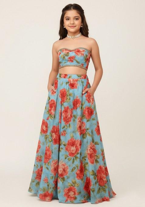 Girls Blue Floral Print Silk Lehenga Set