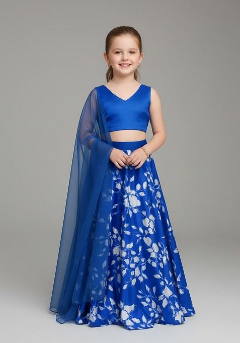Girls Blue Floral Print Satin Lehenga Set