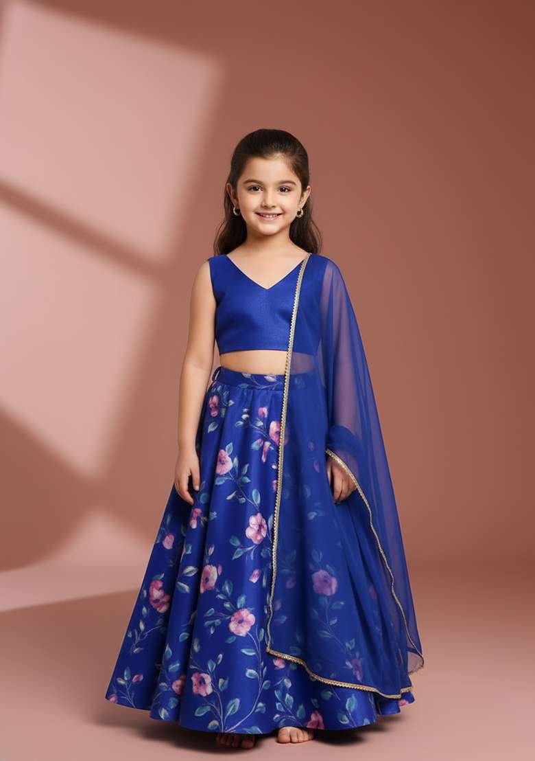 Girls Purple Floral Print Satin Lehenga Set - Indya