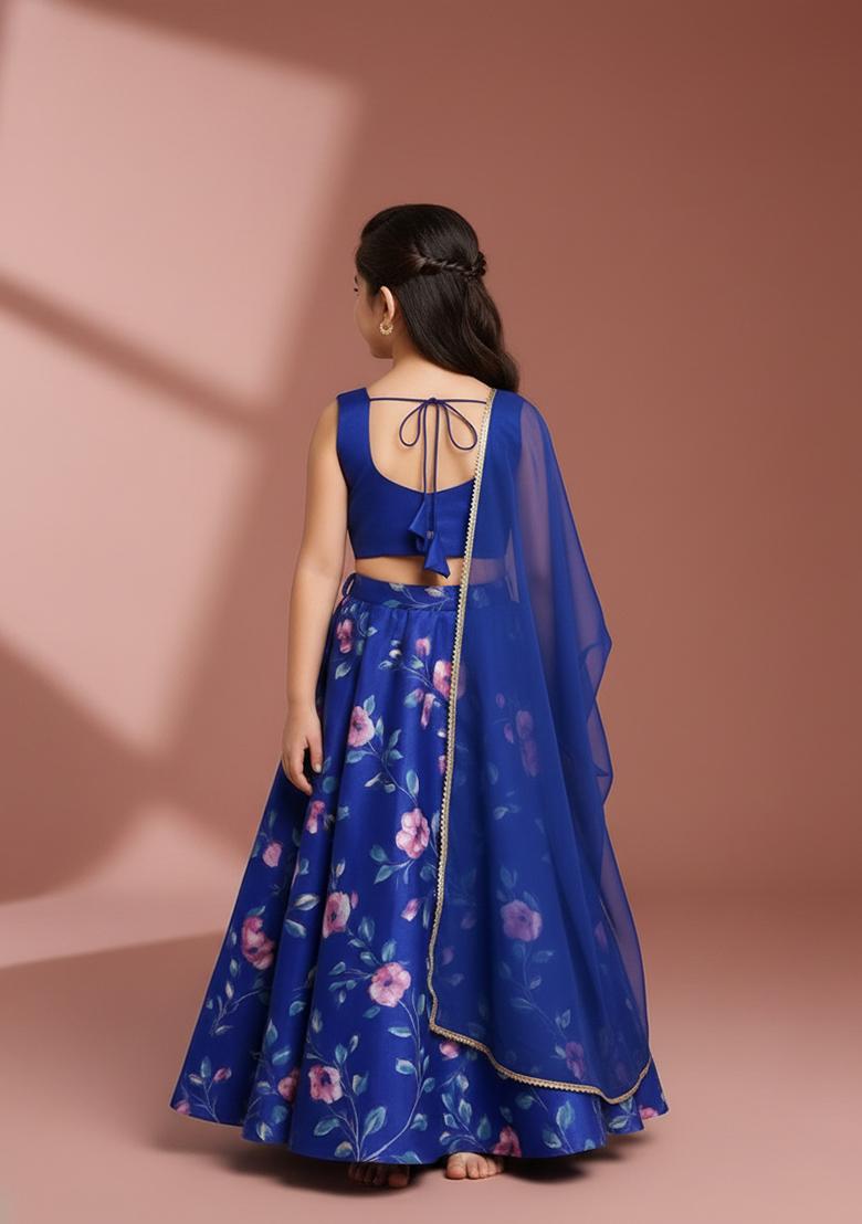 Girls Purple Floral Print Satin Lehenga Set - Indya