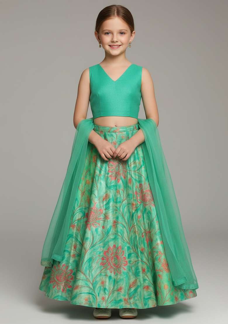 Girls Pista Green Floral Print Satin Lehenga Set - Indya