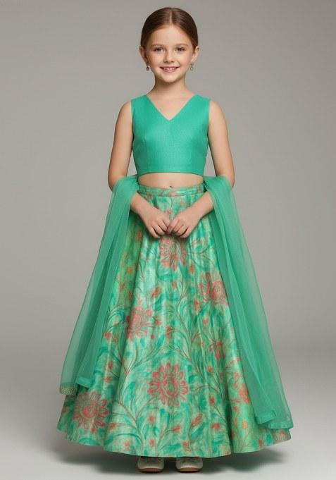 Girls Pista Green Floral Print Satin Lehenga Set