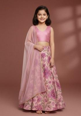 Girls Pink Floral Print Satin Lehenga Set